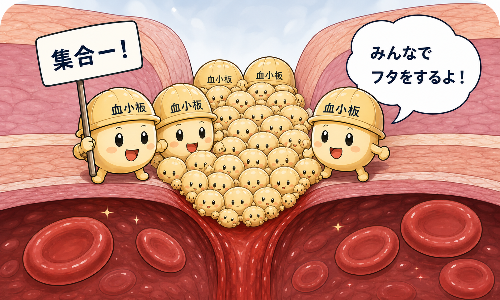 血小板が傷口に集まり、血のかたまりを作って傷口をふさぐ様子