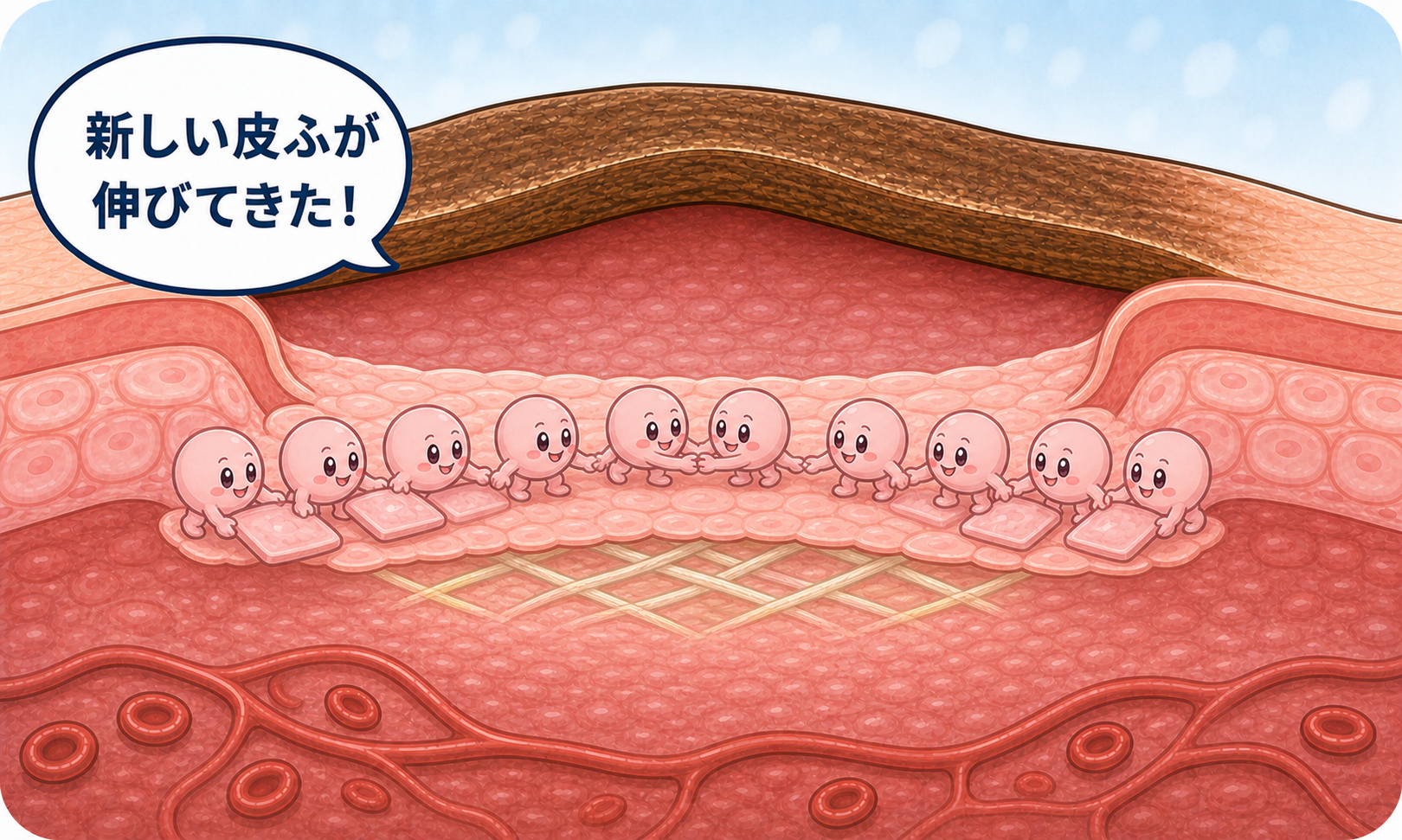 新しい皮ふの細胞が傷の左右から中央へ広がり、かさぶたの下を覆っていく様子