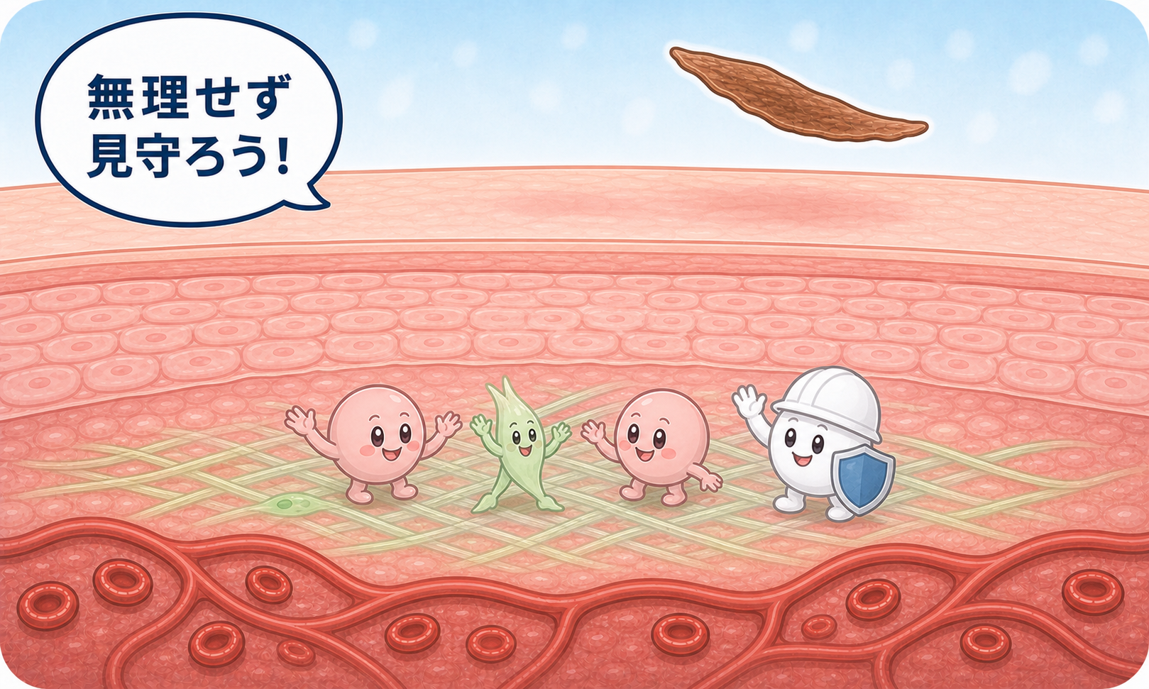 かさぶたが自然にはがれ、閉じた皮ふの内部で組織が時間をかけて整っていく様子