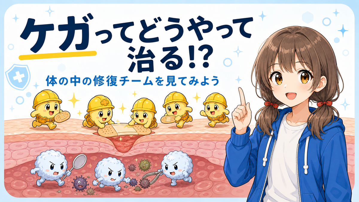 ケガをしたときに体の中の修復チームが働く様子を紹介するイラスト