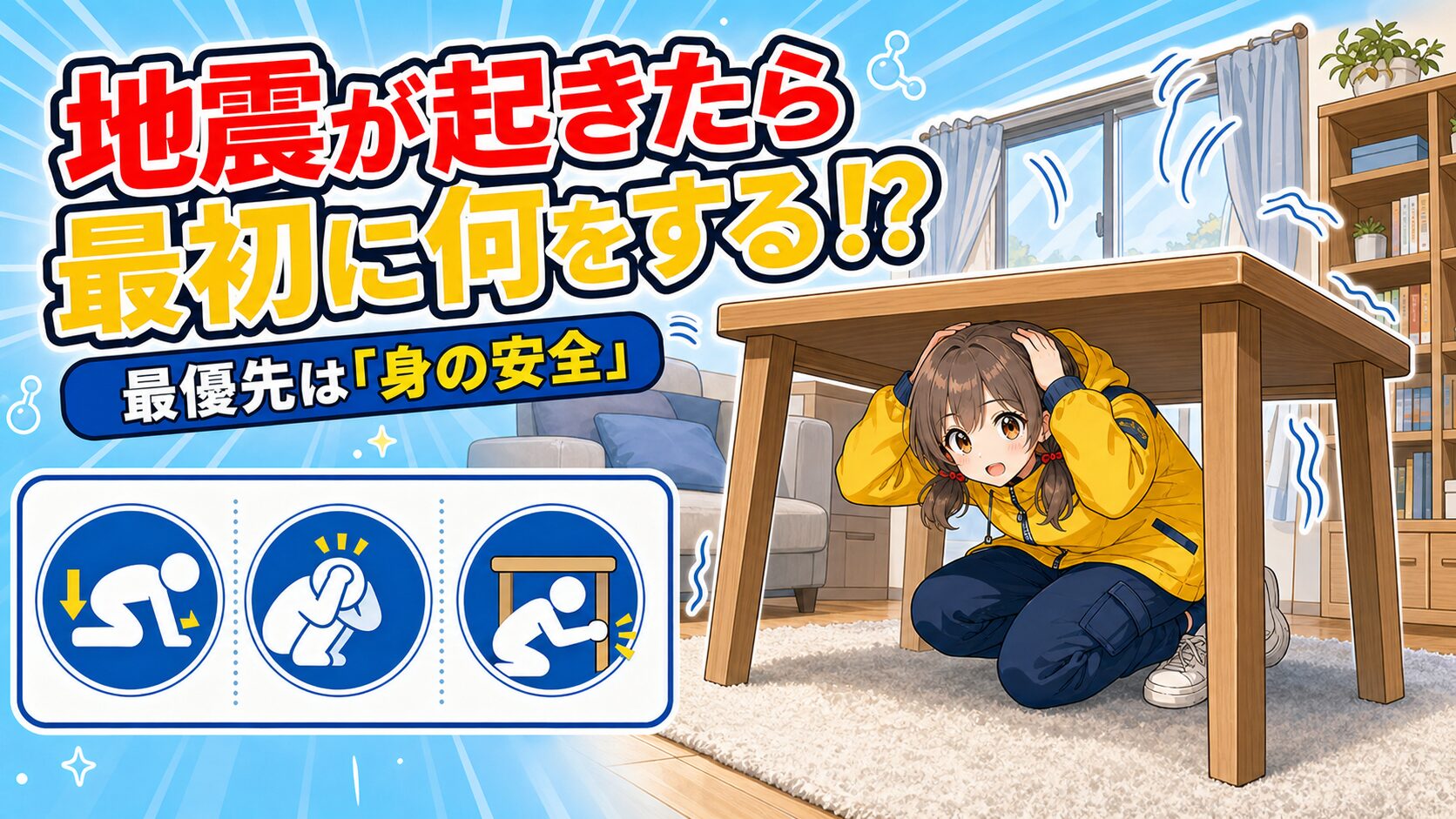 地震の揺れから身を守るため机の下で頭を保護するミナ