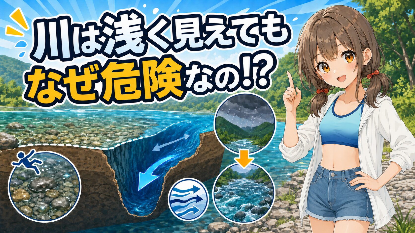 浅く見える川に隠れた深みや強い流れをルナが紹介するイラスト
