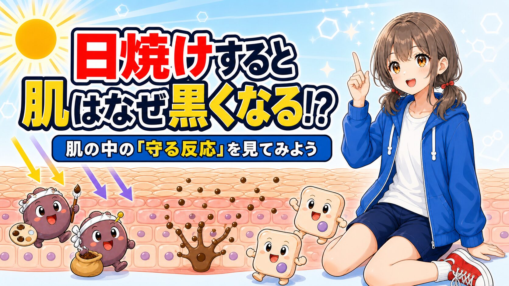 日焼けで肌が黒くなる仕組みをミナと細胞キャラクターが紹介するイラスト