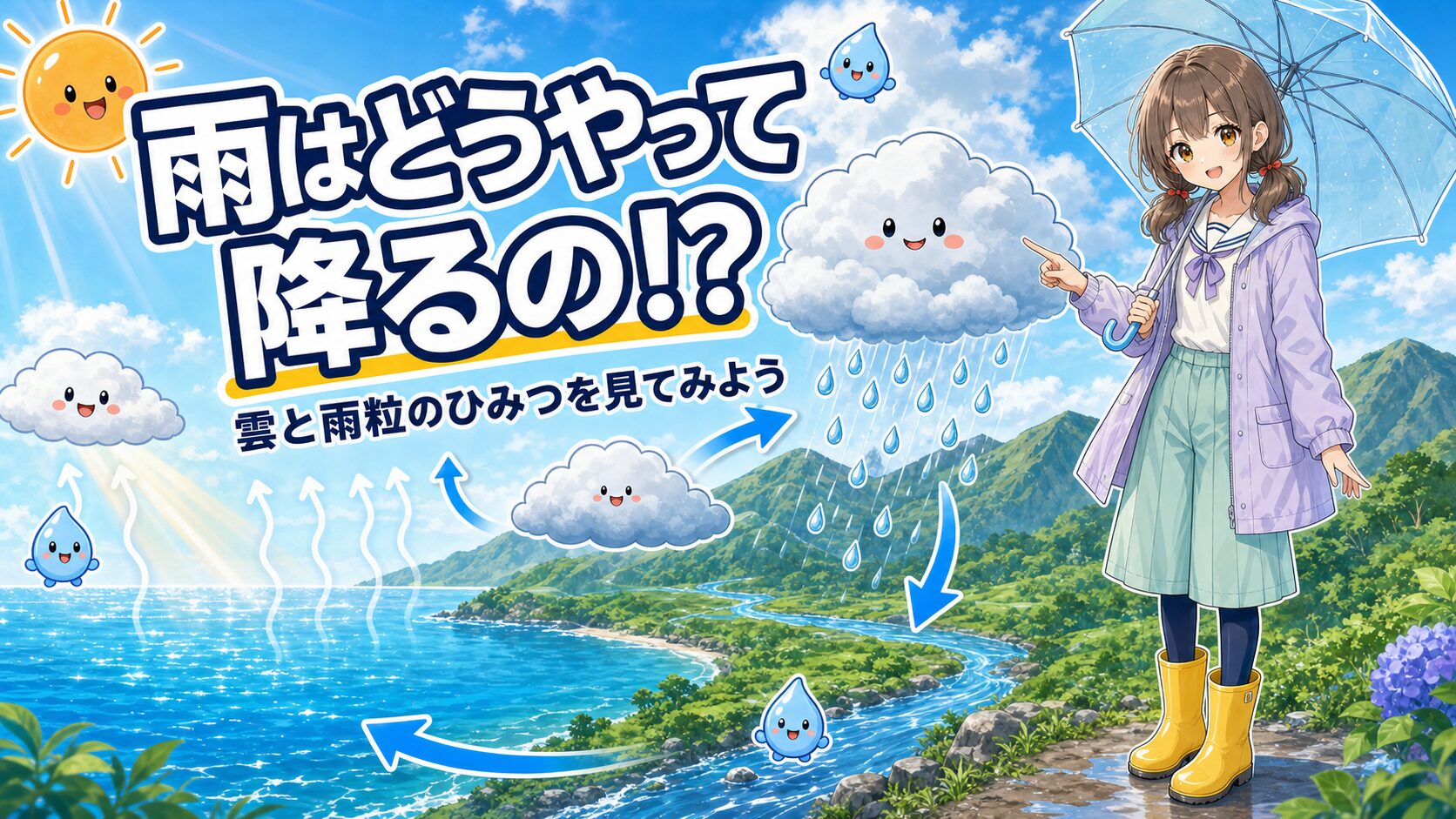 海や地面の水が雲になり、雨として地上へ戻る水の循環とミナ