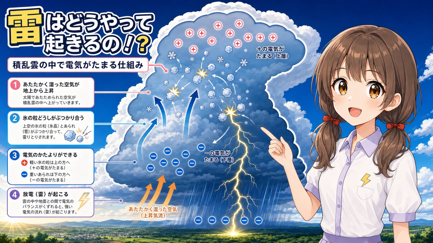 積乱雲の中で電気が分かれ、雷が起きる仕組みをルナが紹介するイラスト
