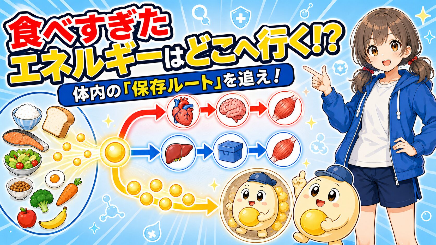 食べ物から得たエネルギーが体内で使われ、グリコーゲンや脂肪として保存される流れ