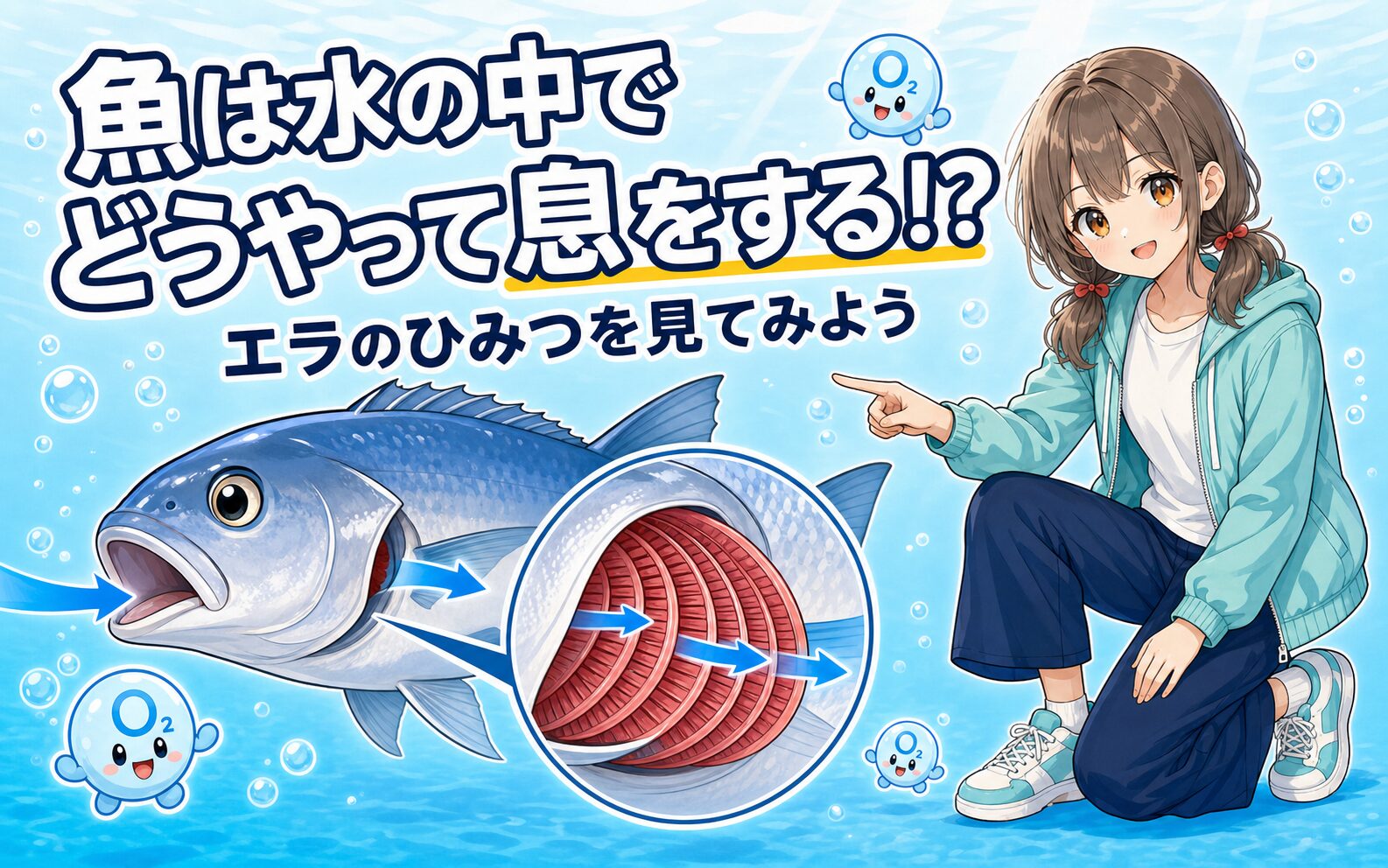 魚が水中でエラを使って呼吸する仕組みをミナが紹介するイラスト